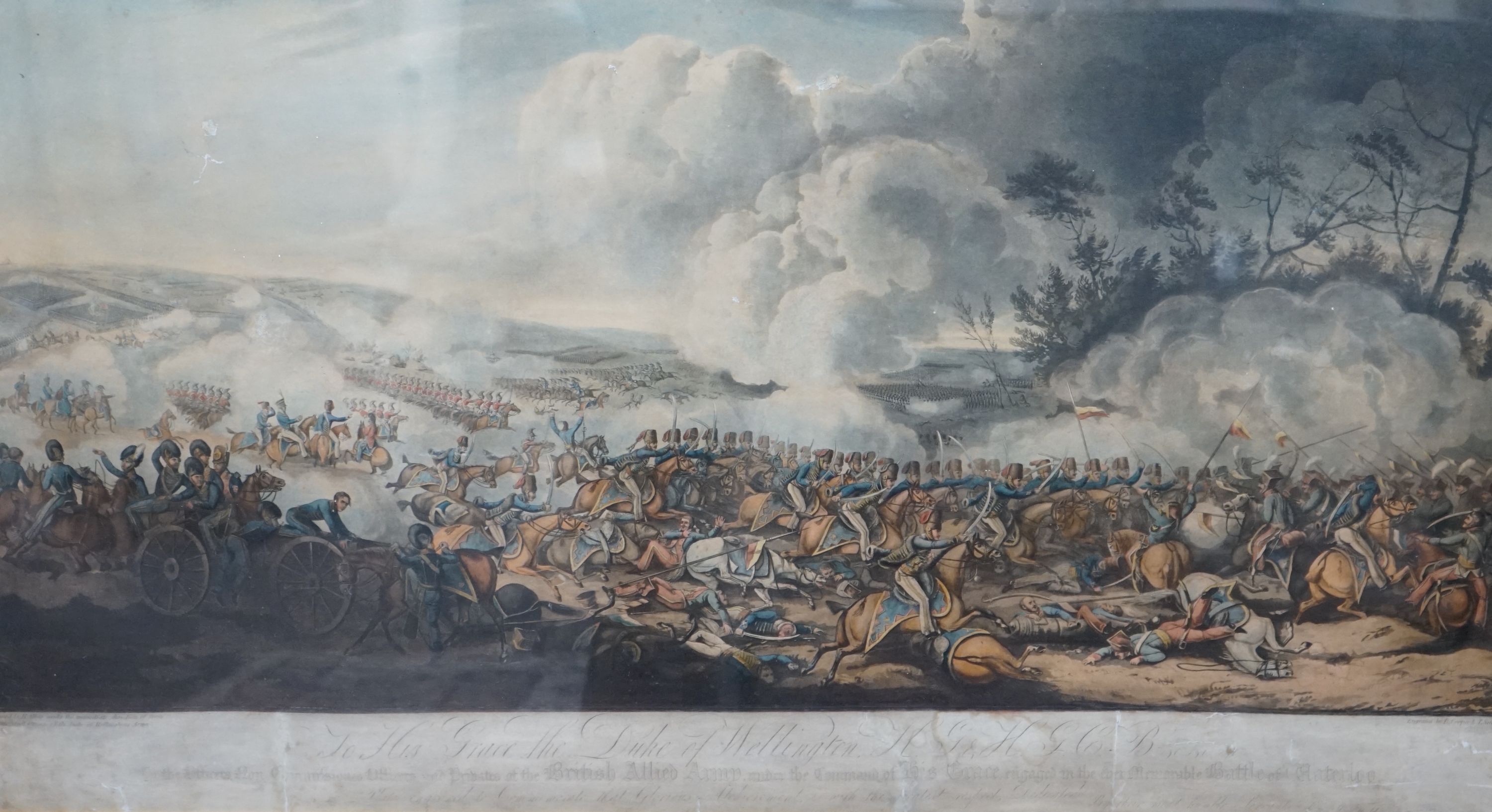 Cooper and Sutherland after Henry Allon, hand coloured aquatint, 'The Battle of Waterloo', published by S & J Fuller 1816, 56 x 100cm, maple framed